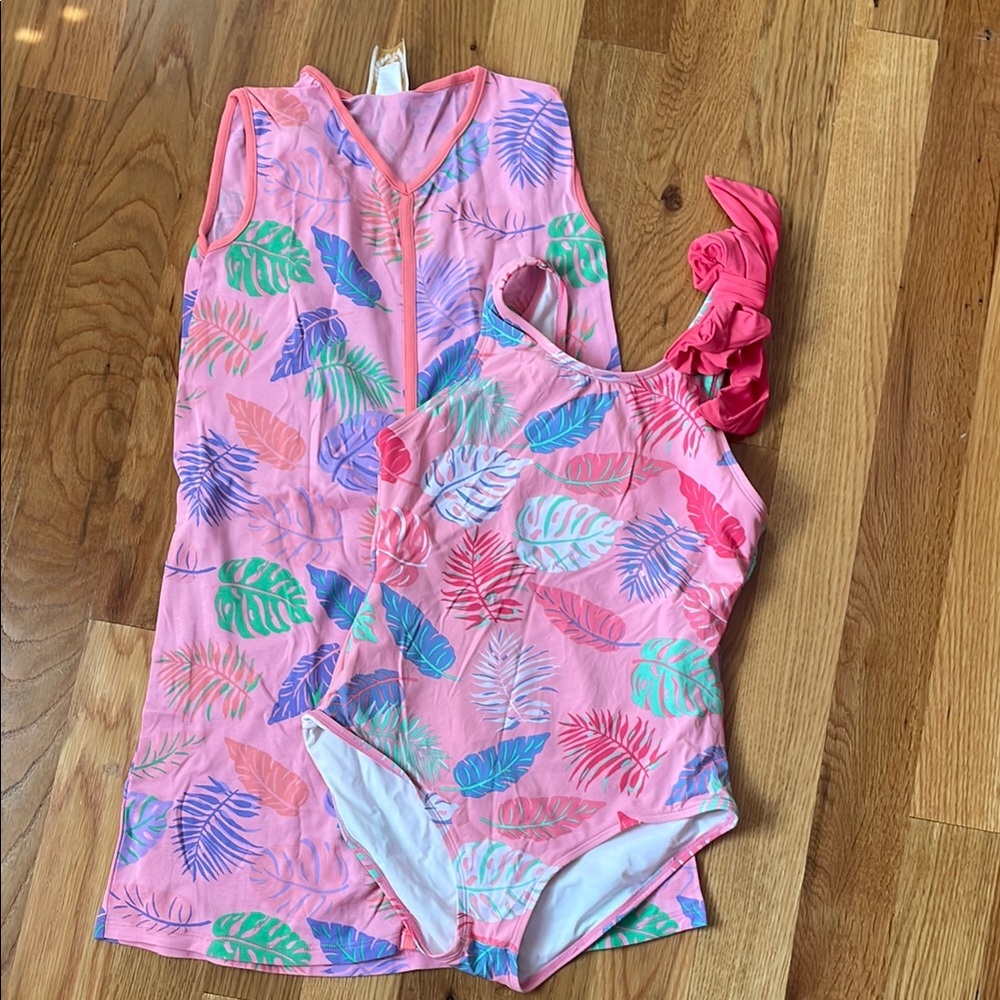 The Beaufort Bonnet Company Pink Tropical Kids Swim Set